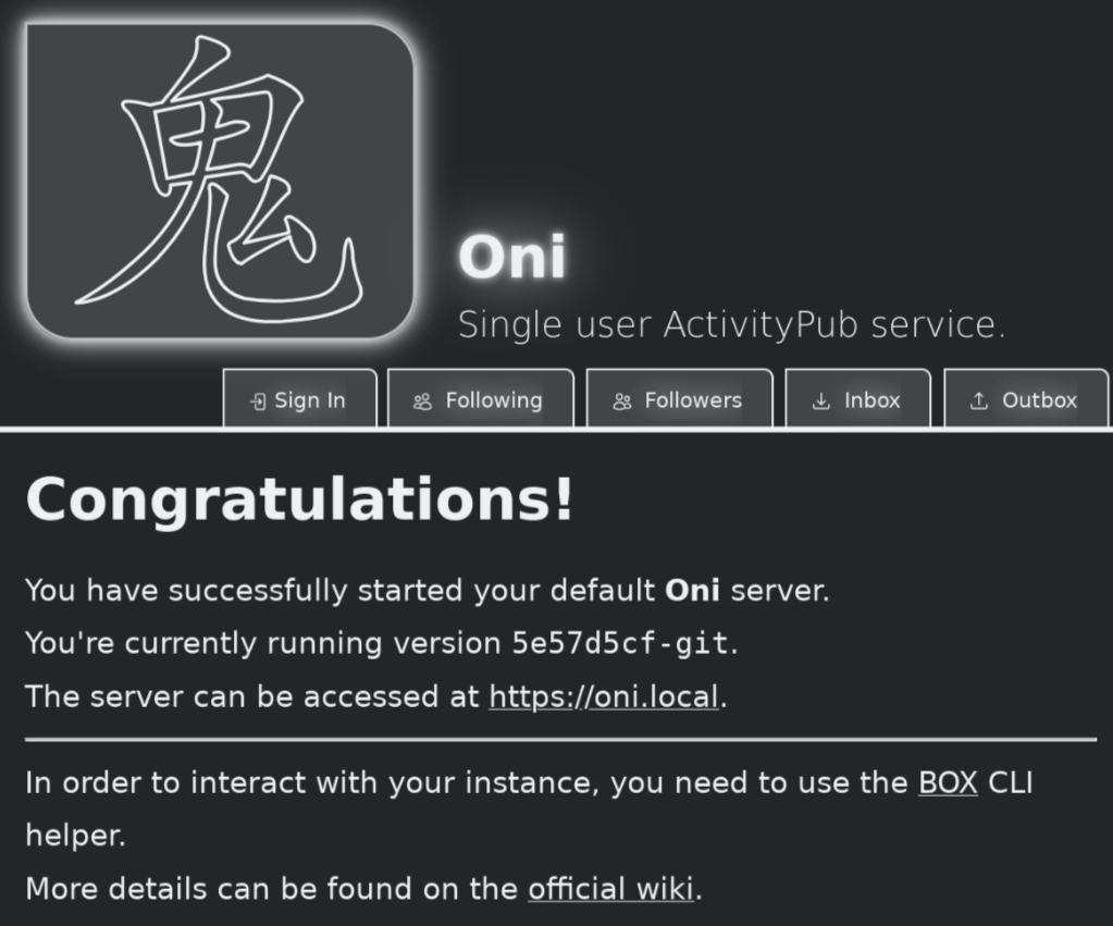 ONI main page after fresh install